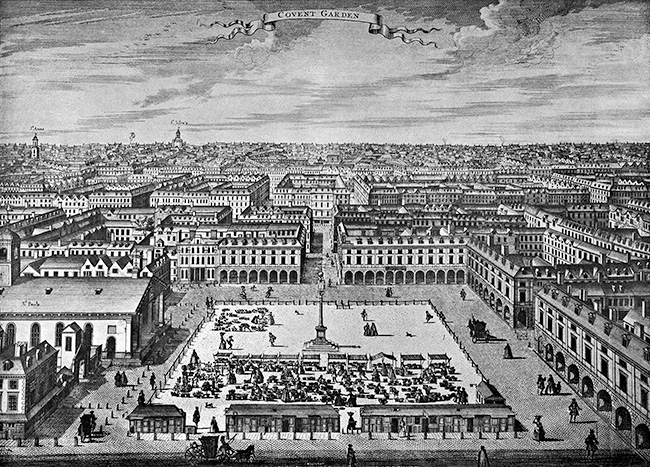 Covent Garden looking north, circa 1720, from an engraving by Sutton Nicholl Black and white engraving of Covent Garden in c. 1720s