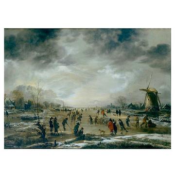 Aert van der Neer, Winter Landscape with Skaters on a Frozen River, L1074.1 A painting by Aert van der Neer of a winter landscape with skaters on a frozen river