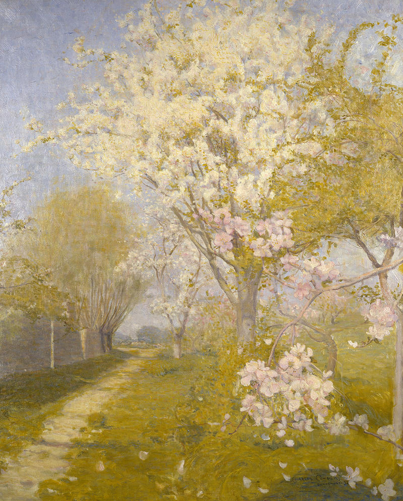 A landscape painting of tree-lined a pathway in spring