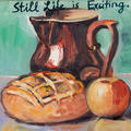 Still Life Painting showing a colourful vase with loaf of bread and fruit by, Anselm Kiefer, in oils