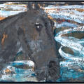 Expressionistic brown and grey portrait in mixed media on canvas, of a horse's head in profile facing to the right of the picture with grey and white swirly background by artist Anselm Kiefer