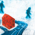 A red house stands in heavy snowfall with a blue road sweeping round the house through the snow in this print by Thom Yorke & Stanley Donwood dating to 1995
