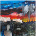 Colourful and abstract artwork showing a mountainous landscape with a grey shadowy creature in the top right and a grey silhouette in the left corner, by Stanley Donwood and Thom Yorke