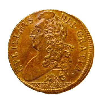 Gold coin of William III, 1701, HCR 8158 A gold coin engraved with the head of William III from 1701