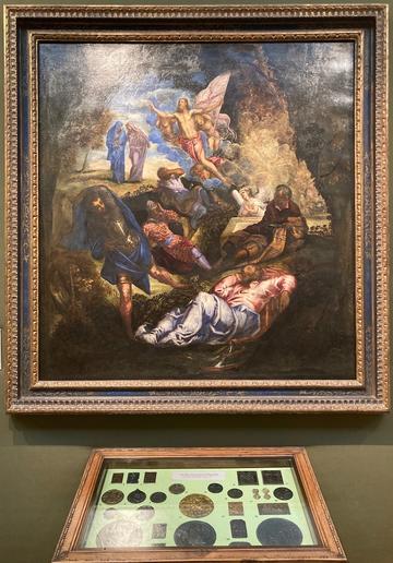 WA1946.198; Jacopo Robusti, known as Tintoretto, 'Resurrection', oil on canvas c.1555; image © Jim Harris Tintoretto's 'Resurrection', WA1946.198, in its gallery setting above a case of medals