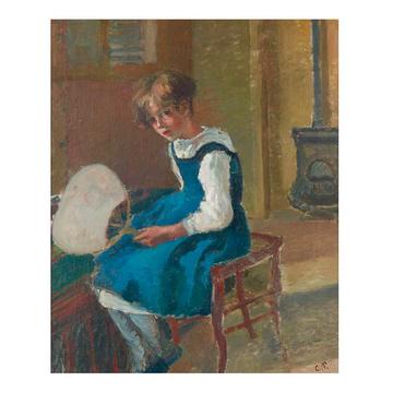 Jeanne Pissarro (Minette) holding a Fan, 1873 by Camille Pissarro (1830–1903) A painting by Camille Pissarro of little girl wearing a blue pinafore dress, sat on a wooden stool and holding a white fan