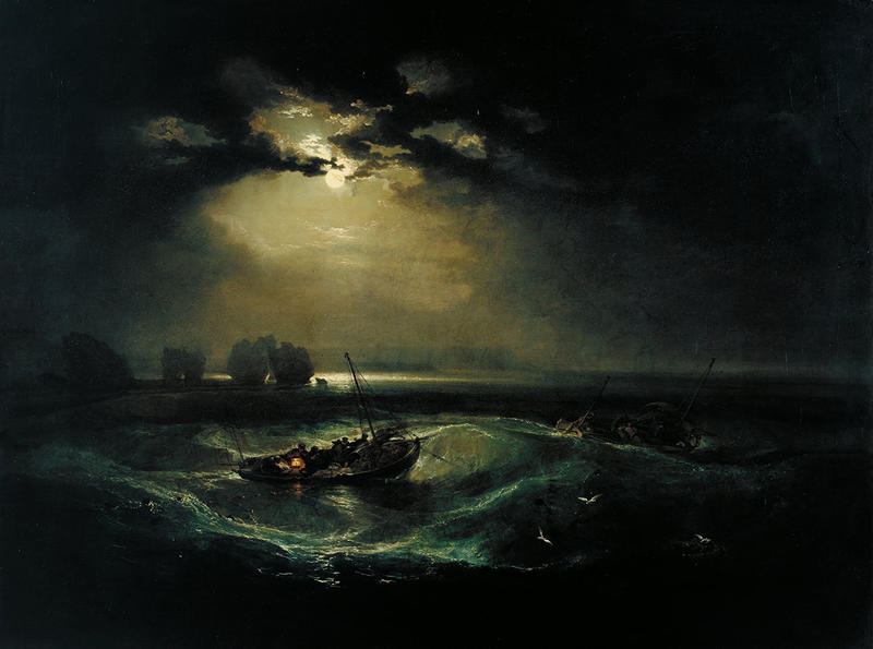 Fisherman at Sea by Joseph Mallord William Turner, 1796, Photo © Tate An oil painting of a dark, moonlit scene featuring two fishing boat at sea near rocks at 'the Needles', Isle of Wight, Photo © Tate