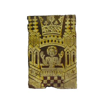 Medieval tile from Great Malvern showing sacrificed Jesus, AN1967.672 Medieval tile in red and gold, showing Jesus in the centre and a crown above