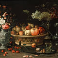 A still life painting of fruits and flowers