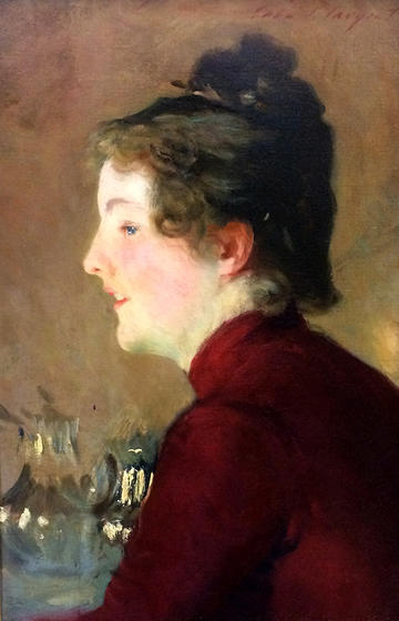 A portrait painting of Violet Sargent in a red dress by the artist John Singer Sargent - the woman is in profile and smiling, facing to the left