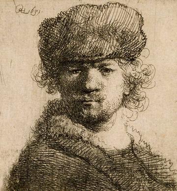 Self-portrait in a heavy fur cap, 1631, Rembrandt (1606-69) © Ashmolean Museum WA1855.312 Self-portrait drawing by Rembrandt of the artist wearing a cap