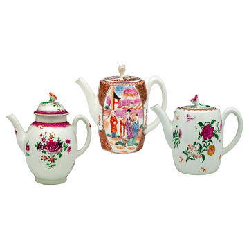 Set of 3 Ceramic Teapots Three decorative porcelain teapots with spouts all pointing to the left