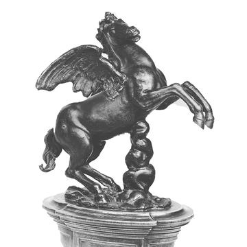 Statue of Pegasus, WA1888.CDEF.B438 A black and white image of an metal sculpture of a winged horse (Pegasus) on its' hind legs