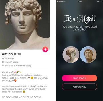 Tinder profile for Antinous Screenshot of a constructed Tinder profile for the god Antinous matching with Hadrian