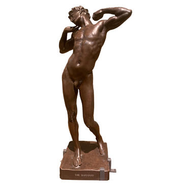 'The Sluggard' – a bronze statuette by Frederick Lord Leighton, WA1927.41 Bronze statue of a nude man stretching, with arms raised
