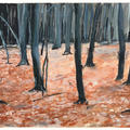Watercolour of a forest Wald in German showing expressionistic autumn leaves and trunks by artist Anselm Kiefer, dating to 1973–74