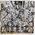 A 1977 artwork by Anselm Kiefer. A group of woodcut portraits, on paper, have been have been laid down on synthetic fabric.