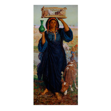 William Holman Hunt, The Afterglow in Egypt, WA1894.3 A full length painting by William Holman Hunt of a woman balancing a crate of birds on her head